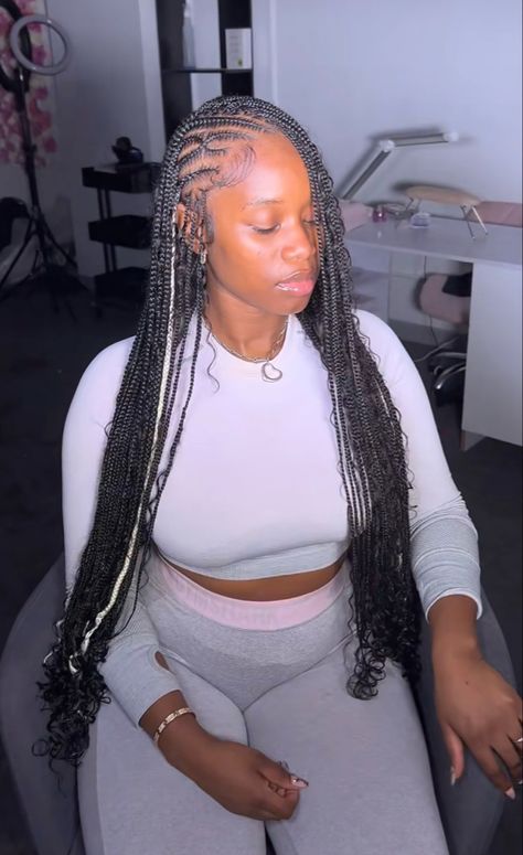 box braids with curls. black girl hairstyles. braids with curly ends. black girl aesthetic. braids, black girl braids, knotless, knotless braids, y2k braids, feed in braids, braids, braiders, braided hairstyles, cute braids, cute braided hairstyles, black girls, design braids, designer braids, heart braids, knotless cornrows, long braids, braids with color, natural hairstyle, edges, edges designs, dramatic edges, baby hairs, baby hair tutorial, middle part, curly hair hairstyle, curly hairs Box Braids With Curls, Cornrows Long, Aesthetic Braids, Part Curly Hair, Baby Hair Tutorial, Braids Heart, Braids Y2k, Middle Part Curly Hair, Dramatic Edges