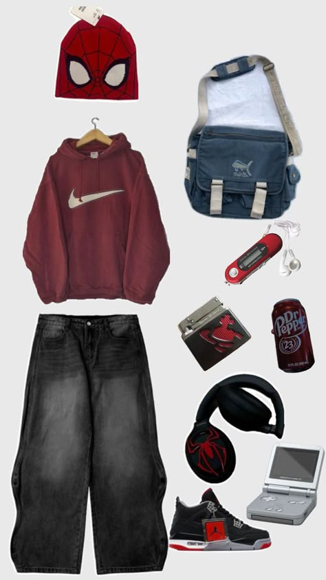 Christmas List Y2k, Skater Clothes Aesthetic, Spiderman Outfit Ideas, Skate Outfit Men, Winter Fits For School, Outfit Ideas For Guys, Fits Y2k, Tuff Fits, Spiderman Outfit