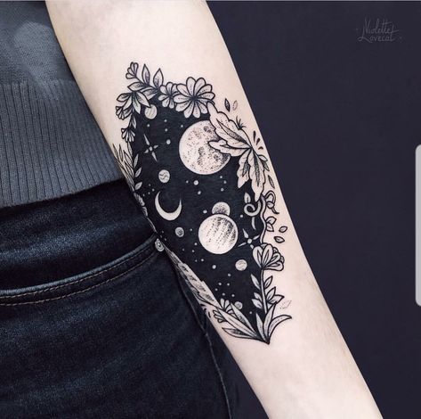 Moon Phases Tattoo Cover Up, Cover Up Tattoos Black Ink, Mushroom Cover Up Tattoo, Witch Tattoo Cover Up, Cover Up Tattoos For Women Leg, Cover Up Star Tattoo Ideas, Celestial Tattoo Cover Up, Witchy Cover Up Tattoos, Black And White Cover Up Tattoo