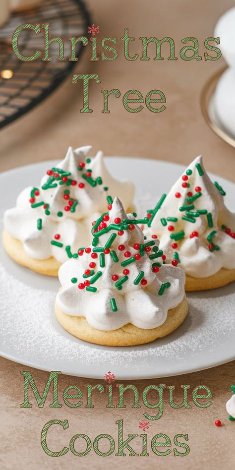 Looking for a unique holiday treat? Try these whimsical Christmas Tree Meringue Cookies! Perfectly piped and decorated, these meringues are not only a feast for the eyes but also a melt-in-your-mouth delight. Tree Meringue Cookies, Mirangue Cookies Recipe, Christmas Tree Meringue Cookies, Mirangue Cookies, Meringues Cookies, Christmas Tree Meringue, Tree Meringue, Unique Holiday Treats, Jello Flavors