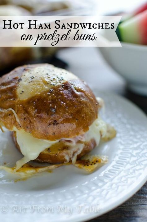 Pretzel Buns Sandwich, Pretzel Bun Sliders, Pretzel Sliders, Hot Ham Sandwiches, Baked Ham And Cheese Sliders, Pretzel Sandwich, Pretzel Buns, Ham And Cheese Sliders, Cheese Sliders