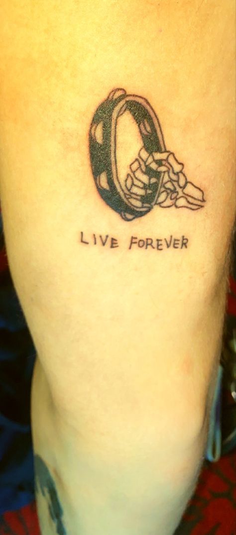 Brit Pop Tattoo, Fleetwood Mac Rumours Tattoo, Live Forever Tattoo Oasis, Britpop Tattoo Ideas, Oasis Band Tattoo, Liam Gallagher Tattoo, Enter Shikari Tattoo, Indie Music Tattoo, Blur Tattoos Band