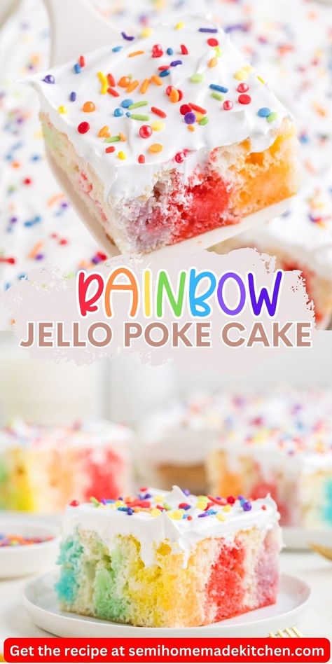 Ready to taste the rainbow? Our poke cake recipe combines the classic flavors of white cake with the vibrant hues of rainbow Jello, resulting in a delightful dessert that's as beautiful as it is delicious. Try it today! Hello Poke Cake, Birthday Poke Cake, Poke Cake With Jello, Rainbow Poke Cake, Jello Poke Cake Recipe, Jello Poke Cake, Poke Cake Jello, Rainbow Jello, Poke Cake Recipe