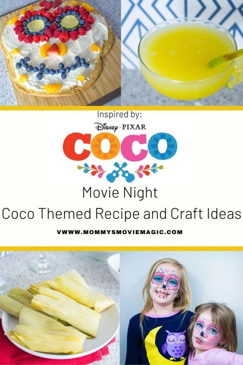 Coco Movie Night Food, Coco Themed Food, Coco Dinner And A Movie, Coco Themed Dinner, Pixar Recipes, Movie Night Foods, Themed Movie Nights For Kids, Coco Movie Night, Day Of The Dead Recipes