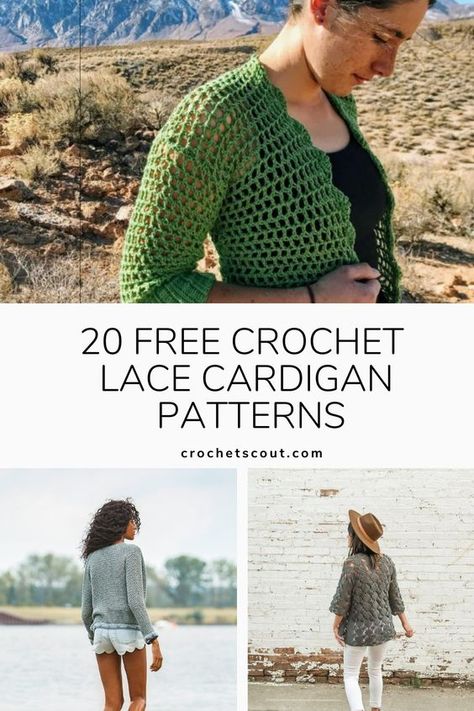 20 fantastic free patterns for lacy crochet cardigans. Lace Crochet Cardigan Pattern, Crochet Cardigan Pattern Free Women, Free Crochet Cardigan Patterns, Free Crochet Jacket Patterns, Lace Cardigan Pattern, Crochet Cardigan Outfit, Lace Crochet Cardigan, Lacy Cardigan, Crochet Patterns Free Women