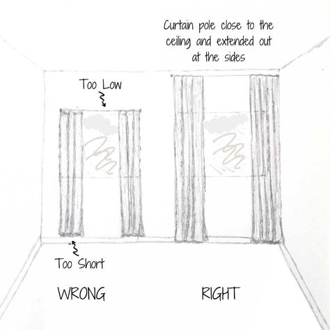 Today, I'm sharing how to hang curtains properly. We'll discuss the do's and don'ts of hanging curtains and how avoiding some common mistakes can make your windows and your room look bigger and more put together. We'll answer questions like, how a room's purpose affects your curtain choices, which style of curtain pole is best for your room, what width and height to hang your curtains, whether or not your curtains are supposed to touch the floor and more! Plus, free downloadable design guide! Making A Window Look Bigger, Curtains To Make Window Look Bigger, How To Put Curtains, Curtain Width Guide, How To Make Windows Look Bigger, How To Hang Curtains Properly, Curtain Height Guide, Hang Curtains From Ceiling, Curtain Height