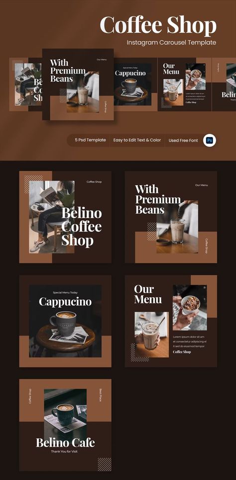 Coffee Shop Instagram Carousel Template PSD Coffee Shop Instagram, Instagram Carousel Template, Carousel Template, Social Media Checklist, Study Cafe, Lounge Interiors, Instagram Carousel, Instagram Template Design, Social Media Promotion