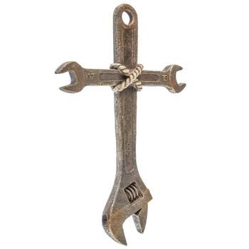 Details: 	 Dimensions: 11.5" H x 7.56" W x 0.94" D 	 Material: Resin 	 Shape: Cross 	 Color: Gray & Beige 	 Orientation: Vertical 	 Includes: 1 - Sawtooth Hanger 	 Quantity: 1 Express your love for Him with this Wrench Wall Cross. This resin cross has two intersecting wrench shapes, accented by a rope center and a rust-like finish. Station it in your office, bedroom, or living room for a heartfelt touch. Crosses Decor On Wall, Diy Cross Decor, Cross Crafts Diy, Wrench Cross, Diy Crosses, Wooden Crosses Diy, Wooden Cross Crafts, Cross Ideas, Love For Him