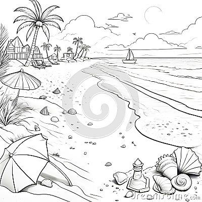 ai-generated-outline-drawing-beach-scene-seashore-palm-trees Beach Scene Drawing, Drawing Beach, Ocean Backgrounds, Scene Drawing, Summer Illustration, Outline Drawing, Surfing Waves, Outline Drawings, Beach Scene