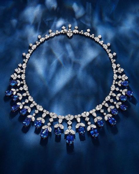 JEWELLERY HISTORIAN Magazine on Instagram: "A masterpiece @harrywinston • Masterfully crafted by the House’s world-renowned artisans, this one-of-a-kind high jewelry Sapphire and Diamond Necklace is an ode to the natural beauty of precious gemstones with 223 diamonds in diverse cuts along with 18 vibrant sapphires. To discover more exceptional masterpieces make an appointment at a Harry Winston salon. #harrywinston #masterfully #crafted #worldrenowned #artisans #oneofakind #highjewelry #Sapphire Harry Winston Necklace, Jewellery Design Gold, Blue Diamond Necklace, Harry Winston Jewelry, Harry Winston Diamond, Necklace Trends, Latest Gold Jewellery, Jewelry Sapphire, Extraordinary Jewelry