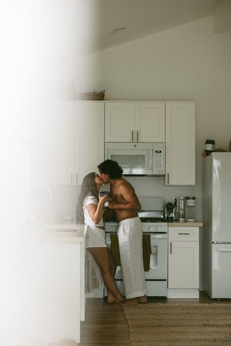 8Y0A2752 Couples Drinking Coffee, Couple Kitchen Aesthetic, Couple Drinking Coffee, In Home Photoshoot, Video Storyboard, Couple Drinking, Manifesting Life, In Home Session, Inspiration Photoshoot