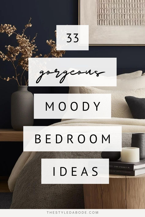 bedroom ideas Dark Moody Bedroom Ideas Bohemian, Dark Wallpaper Bedroom Design, Bedrooms With Navy Accent Wall, Modern Bedroom With Wallpaper, Bedroom Painted Accent Wall, Bedroom Ideas Dark Walls, Navy Bedroom Aesthetic, Moody Accent Wall Bedroom, Moody Master Bedrooms Cozy