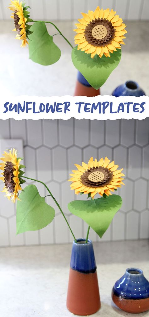 Paper sunflower templates with leaves and stem - gorgeous realistic sunflower bouquet to DIY Sunflower Leaf Template, Paper Sunflower Template, Sunflower Leaf, Sunflower Template, Sunflower Leaves, Paper Sunflowers, Sunflower Bouquet, Scoring Tool, Chain Nose Pliers