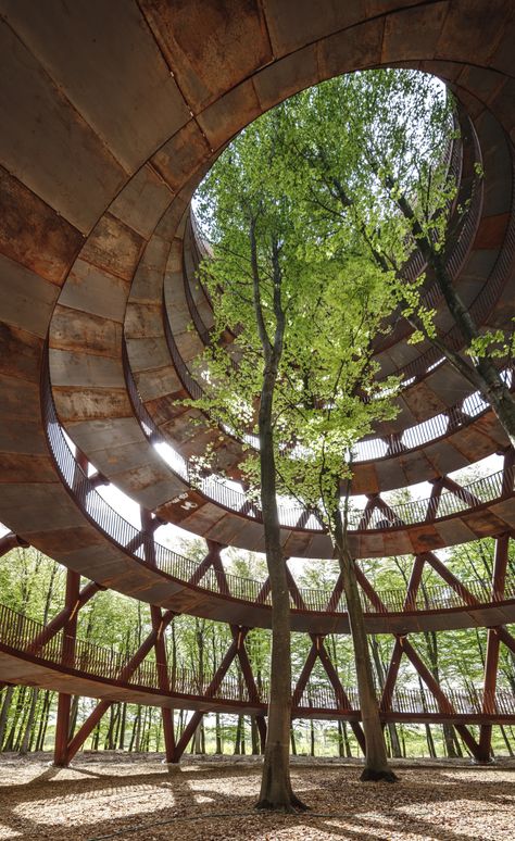 EFFEKT completes spiralling Camp Adventure tower in Danish forest Forest Pavilion Architecture, Spiral Pavilion, Spiral Architecture, Bio Architecture, Adventure Forest, Viewing Platform, Observation Tower, Danish Architecture, Pavilion Architecture