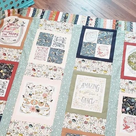 Julie Boldry on Instagram: "Sing Your Song from @modafabrics and @fancythatdesignhouse are in store and so lovely! The first photos are a cute quilt @andreaneumann613 designed for herself! The mini quilt in later photos is a free pattern from Moda. Tea towels arriving soon 😁❤ #scarletthread #hymns #fall" Moda Songbook Quilt, Songbook Fabric Quilt, Songbook Quilt, Quilted Crafts, Fun Quilts, Quilt Panels, Cute Quilts, Quilting Inspiration, Wall Quilts