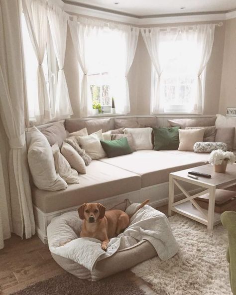 cozy bay window couch Sofas Ideas Living Room Bay Window, Bay Window Seat Pull Out Bed, Window Seat Under Bay Window, Bay Window Headboard, Large Bay Window Seat, Reading Corner Bay Window, Basement Bay Window Ideas, Round Bay Window Seat, Couch In Bay Window