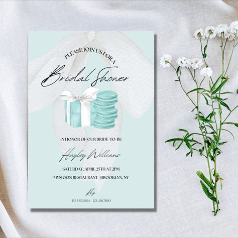 This DIY PRINTABLE bridal shower invitation features a Breakfast at Tiffany's with a blue and white color palette. Use this template to edit the fonts and all graphic colors to meet the needs of your event. Breakfast At Tiffany's Bridal Shower Invitations, Tiffany Bridal Shower Invitations, Tiffany Blue Bridal Shower, Blue Bridal Shower Invitations, Tiffany Bridal Shower, Tiffany's Bridal, Blue Bridal Shower, Breakfast At Tiffany's, Blue Bridal