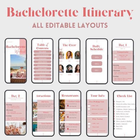 Editable Bachelorette Weekend Itinerary | Mobile Template fully Editable in Canva | Bachelorette Trip Getaway | 16 pages You will need Canva to edit this travel itinerary, but if you don't have it no worries! Canva is COMPLETELY FREE! And so easy to use. A4 format - All Text and Artwork editable! Bachelorette Itenary Template, Bachelorette Ibiza, Itinerary Template Free, Bachelorette Party Itinerary Template, Nashville Birthday, Ipad Template, Bachelorette Party Itinerary, Bachelorette Weekend Itinerary, Friends Trip