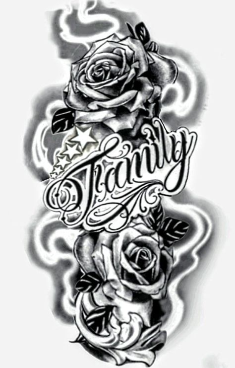 A family tattoo with roses, smoke, 5 stars that represent 5 children Tattoos That Represent Family For Men, Family First Tattoo Designs, Family Over Everything Tattoo Men, Tattoo Representing Children, Family Rose Tattoo, Tattoo That Represents Family, Tattoos That Represent Family, Family Over Everything Tattoo, Family Tattoo Design