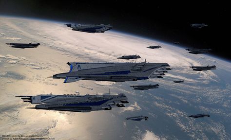 Escorting Super Carrier Tesla  — Art by Reis1989 » On @DeviantArt. Space Warship, Mass Effect Ships, Battle Fleet, Tesla 3, Mass Effect Universe, Space Ships Concept, Sci Fi Spaceships, Space Ship Concept Art, Starship Concept