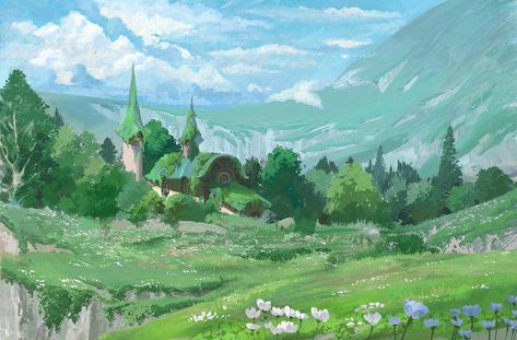 🌁❄ joanne ❄🌁 on Twitter: "oOooh i can do this one :D #faceyourlandscape GREEN VERSION… " Meadow Concept Art, Studio Ghibli Background, Painted Wallpaper, Look Wallpaper, Painting Background, Color Boards, Cottage Aesthetic, Ipad Wallpapers, Cute Desktop Wallpaper