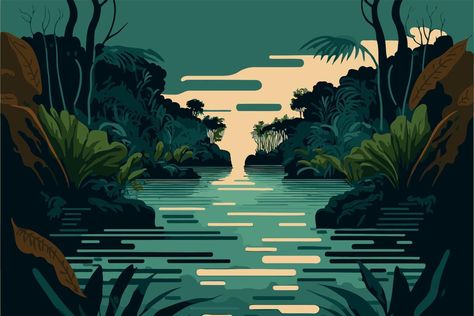 Jungle River Illustration, Jungle Graphic Design, Jungle Vbs, River Illustration, Jungle Bedroom, Procreate Ideas, Landscape Reference, Storyboard Illustration, Poster Idea