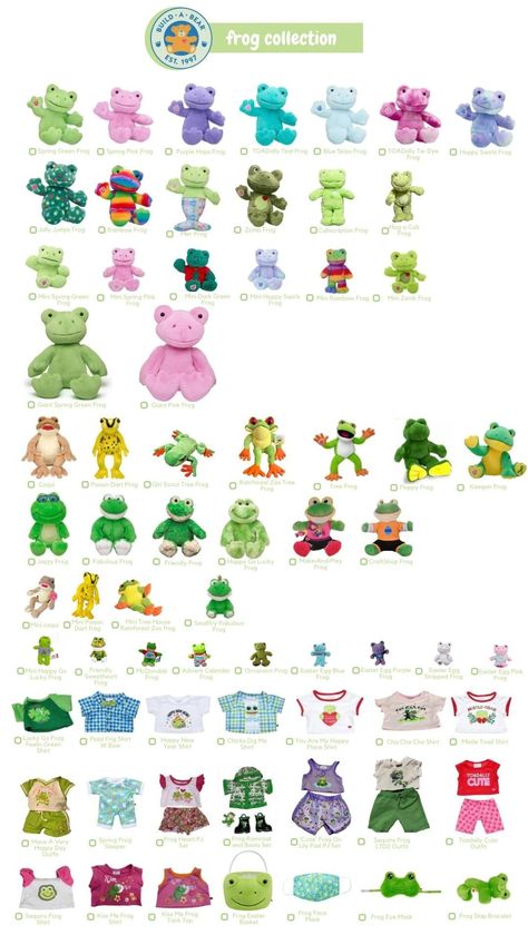 Build A Bear Frog Checklist 2023 Build A Bear Frog Aesthetic, Build A Bear Frog, Gacha Fits, Childhood Things, Small Frog, Build A Bear, Frogs, All The Colors, Kids Toys