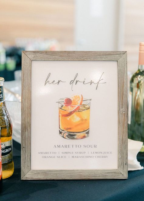 Custom cocktail illustrations for wedding reception "Her Drink" - Amaretto Sour. Venue: @marketsquarecrocker Stationery & Signage: @berriesandbloomsstudio Photography: @julianakaderbek Amaretto Sour Cocktail, Amaretto Sour, Signature Cocktail Sign, Cocktail Illustration, Wedding Signature Drinks, Modern Wedding Stationery, Wedding Ceremony Signs, Cocktails Sign, Custom Cocktails