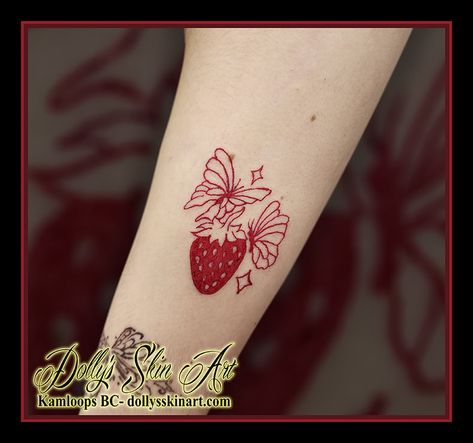 Strawberry and butterflies for Jada - Dolly's Skin Art Tattoo Kamloops BC Colour Tattoos, Strawberry Tattoo, Kamloops Bc, Tattoo Butterfly, Tattoo Aftercare, Line Work, Red Line, Skin Art, Butterfly Tattoo