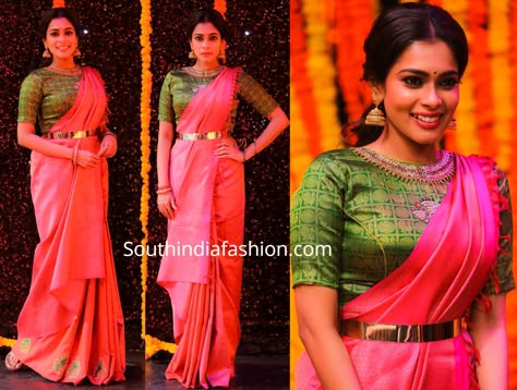 Kiki Vijay in a traditional saree South Indian Traditional Look In Saree, Silk Saree With Belt Style, Silk Saree Draping Styles, Silk Saree With Belt, Kiki Vijay, Halter Dress Hairstyles, Saree Wearing Style, Draping Styles, Saree Drape