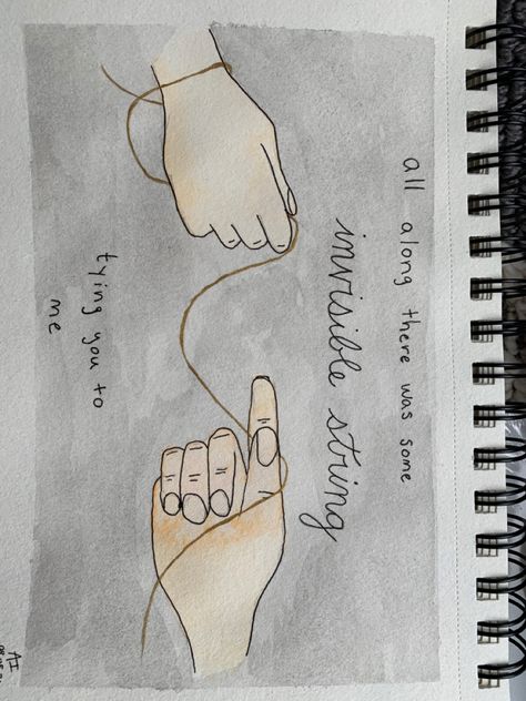 Watercolor painting. Mottled gray background. Two light-skinned hands reach toward each other from the sides of the paper. They are both holding ends of the same golden string. Lyrics are written in black and read “all along there was some invisible string tying you to me”. Midnights Taylor Swift Doodles, Drawing Taylor Swift Songs, Simple Taylor Swift Painting, Simple Taylor Swift Drawings, Taylor Swift Watercolor Paintings, Taylor Swift Art Painting, Taylor Swift Painting Easy, Lyric Paintings, Taylor Swift Inspired Paintings