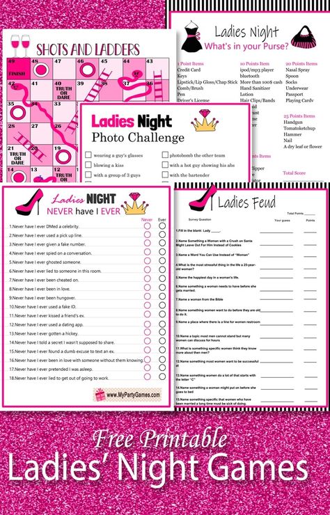 Free Printable Ladies' Night Games Fun Activities For Ladies Night, Girls Night Games Black People, Ladies Night Games Activities, Ladies Night Games Free Printable, Ladies Game Night Ideas, Ladies Night Ideas Themes, Shots And Ladders, Girls Night Games Ideas, Ladies Night Party Games