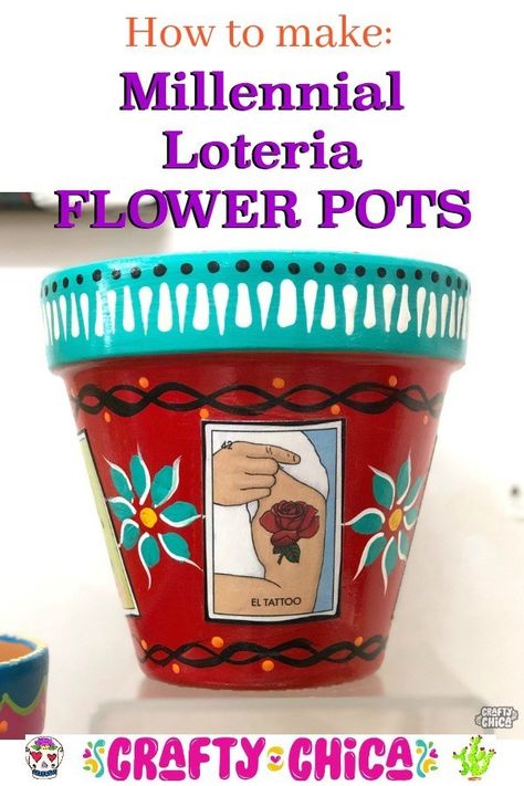 Millennial Loteria Flower Pots are super fun to make, buy an extra game to play! #craftychica #loteria #loteriadiy #flowerpotcraft #millennialloteria Millennial Loteria, Loteria Art, Crafts Clay, Paint Pottery, Mexican Loteria, Fun Home Decor, Rainbow Loom Charms, Pot People, Game To Play