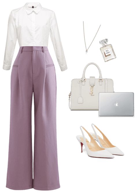 Lilac And Cream Outfit, Business Students Outfits, Purple Office Outfits Women, Formal Outfits For College Students, Purple College Outfit, Law University Outfit, Purple Office Outfit, University Outfit Classy, Old Money Student Outfit