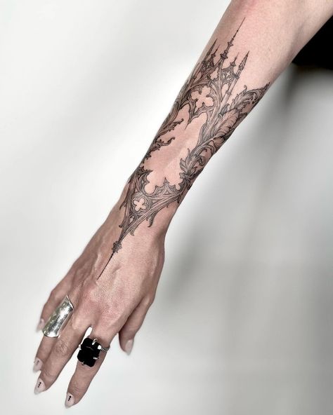 Gothic Cathedral Tattoo Sleeve, Baroque Style Tattoo, Baroque Tattoo Sleeve, Celestial Arm Tattoo, Gothic Arch Tattoo, Baroque Tattoos, Gothic Arm Tattoo, Rococo Tattoo, Gothic Sleeve Tattoo