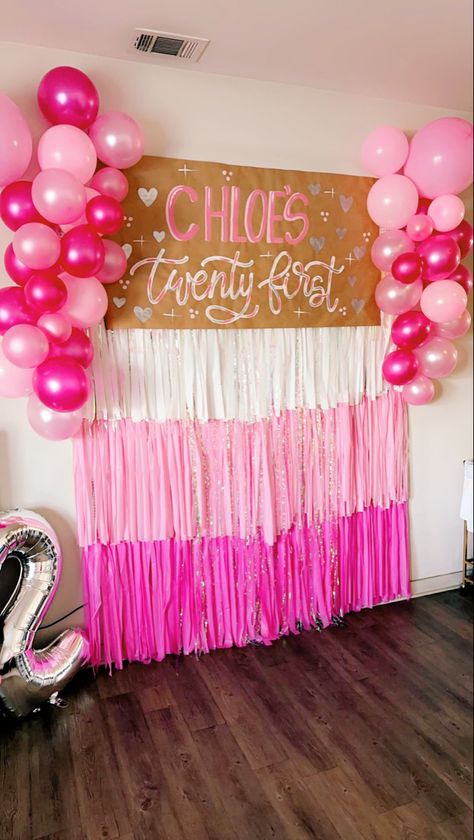 Streamer backdrop 
21st birthday themes 
21 
21st birthday 
Pink birthday ideas 
Pink birthday outfits 
Birthday 
Girlie birthday theme 21st Birthday Essentials, 21st Birthday Wall Decorations, 21st Birthday Ideas Decorations Pink, Pink Whitney 21st Birthday Sign, Pretty In Pink 21st Birthday, College Birthday Decorations, 21st Birthday Ideas Pink And Gold, 21st Birthday Ideas Without Alcohol, 21st Birthday Themes For Her At Home