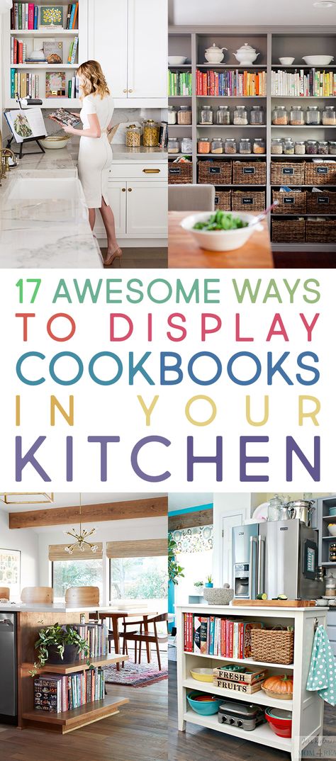 17 Awesome Ways To Display Cookbooks in Your Kitchen #Cookbooks #CookbookDisplay #HowToDisplayCookbooks #Farmhouse  #FarmhouseDIY #FarmhouseKitchen  #FixerUpper #CookbookDecorating #CookbookStorage Kitchen Cookbook Display, Display Cookbooks, Home Bar Display, Cookbook Display, Cookbook Organization, Kitchen Bookshelf, Cookbook Storage, Cookbook Shelf, Kitchen Improvements