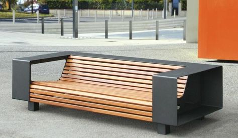 Wood Bench With Back, Metal And Wood Bench, Unique Wood Furniture, Metal Sheet Design, Urban Furniture Design, Welded Furniture, Metal Outdoor Furniture, Garden Shelves, Commercial Street