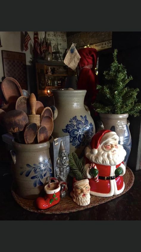 Crock Christmas Decorating Ideas, Decorating With Crocks Kitchen, Old Crocks Christmas Decor Ideas, Crock Vintage Decor, Displaying Old Crocks, Vintage Crock Christmas Decor, Decorate With Crocks Rustic, Christmas Crock, Primitive Country Christmas