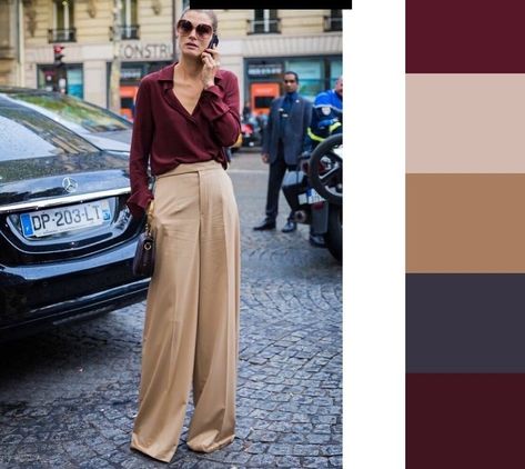 Maroon Color Combinations Outfits, Plum Top Outfit, Maroon Colour Combination, Maroon Top Outfit, Outfit Pantalon Vino, Purple Shirt Outfits, Autumn Color Palette Fashion, Khakis Outfit, Tan Outfit