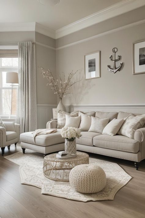 Experiment with this precise design and furnishings in your own area using AI HomeDesign with just one simple click!Beige, Cream, Muted, Neutral, Soft, Dreamy, Light, Silver, Brown, White, Living room, Couch, Chair, Ottoman, Coffee table#LivingRoom #NeutralColors #MutedTones #InteriorDesign #BeigeCream #DreamyLight #SilverAccents #HomeDecor #AIHomeDesign #SoftPalette Light Paint Color For Living Room, Cream White Walls Living Room, Cream White Living Room Decor, Dining Table Next To Couch, Neutral Living Room With Grey Couch, Cream Paint Living Room, Beige Grey Living Room, Cream And Grey Living Room, Grey And Beige Living Room