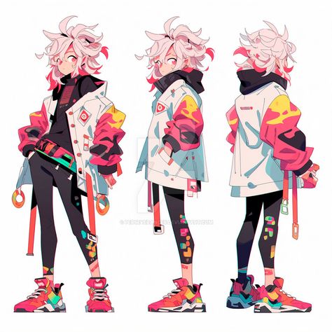 Colorful Cyberpunk Fashion, Cyberpunk Oc Design, Eccentric Character Design, Cyberpunk Ideas Character Design, Character Design White Hair, Grunge Character Design, Sci Fi Oc, Cyberpunk Aesthetic Outfit, Cyberpunk Techwear