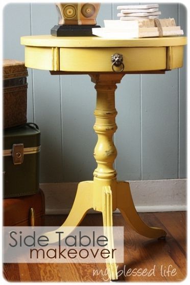 I have a round drum table similar to this.  Not sure I would paint it though...I love the dark cherry wood stain. Boys Nightstand, Sanding Table, Side Table Makeover, Yellow Table, Drum Table, Clay Paint, Yellow Decor, Furniture Rehab, Table Makeover