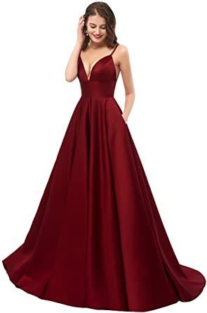 Prom Dresses Long Sparkly, Ball Gowns For Women, Satin Bridesmaid Dress, Gowns For Women, Prom Dresses With Pockets, Spaghetti Strap Prom Dress, V Neck Prom Dresses, Evening Party Gowns, Burgundy Bridesmaid Dresses