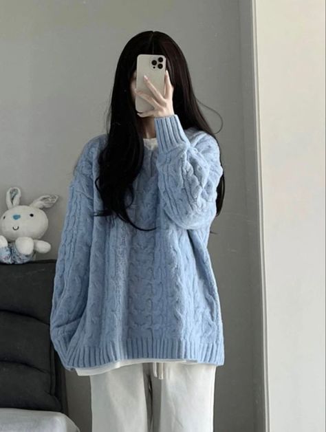 Soft Blue Outfit Aesthetic, Blue Winter Aesthetic Outfit, Blue Outfits Casual, Blue Korean Aesthetic, Blue Aesthetic Style, Blue Korean Outfit, Blue Winter Outfits, Soft Blue Outfit, Light Blue Outfits