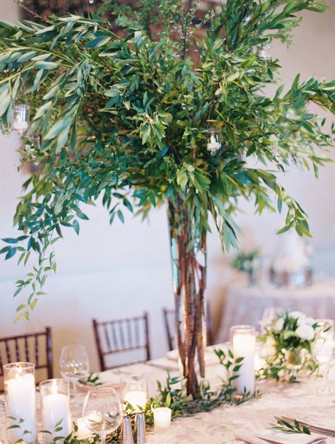 From High School Sweethearts to Happily Ever After – Style Me Pretty Potted Trees Wedding, Trees Wedding Decor, Wedding Dress Illusion, Classic And Elegant Wedding, Trees Wedding, Romantic Wedding Centerpieces, Beautiful Wedding Centerpiece, Elegant Wedding Centerpiece, Greenery Centerpiece