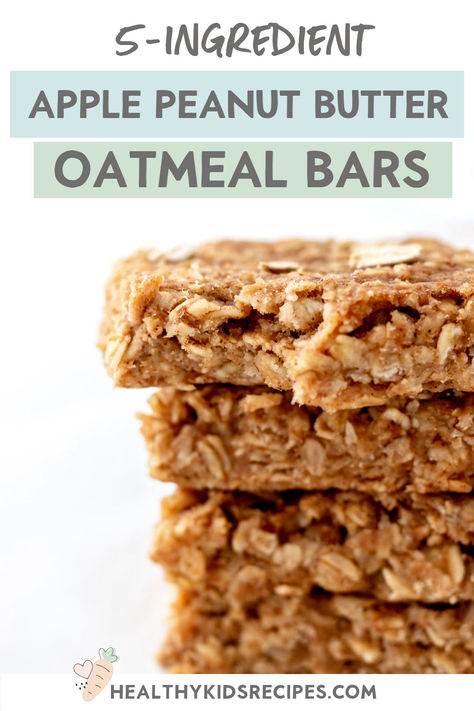 Perfectly soft with just the right amount of chewiness, these apple peanut butter oatmeal bars are like a cross between your favorite granola bars and baked oatmeal. Even better, they're made with just 5 simple ingredients most families keep on hand at all times. Perfect for tucking into lunch boxes or a healthy snack on the go! Apple Peanut Butter Oatmeal Bars, Toddler Bars Healthy Snacks, Healthy Breakfast Bars For Kids, Toddler Bars Recipe, Toddler Granola Bars Healthy, Baked Oatmeal Baby Led Weaning, Toddler Snack Bars, Toddler Oat Bars, Baby Oatmeal Bars