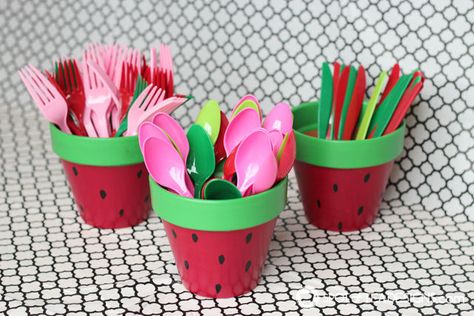 Watermelon utensil pot - paint terra cotta pots for festive table decor for your summer party! | spotofteadesigns.com Watermelon Diy, Honey Lime Vinaigrette, Watermelon Crafts, Watermelon Birthday Parties, Utensil Holders, Watermelon Decor, Fruit Birthday, Birthday Traditions, Watermelon Party