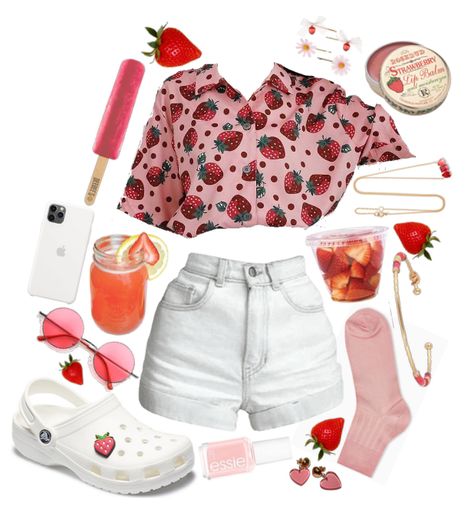 Cute Outfits Strawberry, Care Bear Inspired Outfit, Strawberry Clothes Drawing, Strawberry Skirt Outfit, Fruit Outfit Aesthetic, Strawberry Themed Clothes, Cute Strawberry Outfit, Strawberry Theme Outfit, Strawberry Cottagecore Outfit