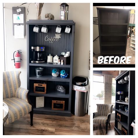 Repurposed bookshelf into a coffee bar for our Salon Bookshelf To Coffee Bar, Coffee Bar Bookshelf Ideas, Book Shelf Coffee Bar, Bookcase Coffee Bar Ideas, Bookshelf Coffee Station, Bookcase Into Bar, Desk To Coffee Bar Diy Projects, Bookshelf Into Coffee Bar, Bookcase Coffee Station